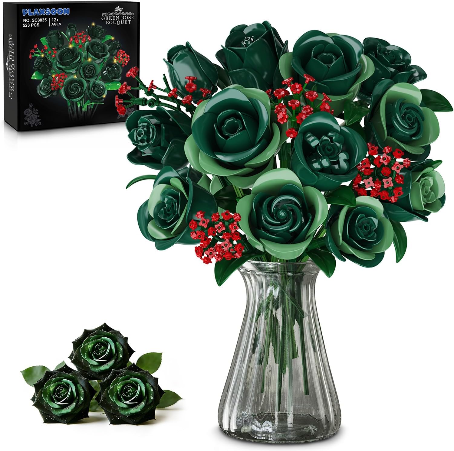 Green Rose Flower Bouquet Building Set with Lights