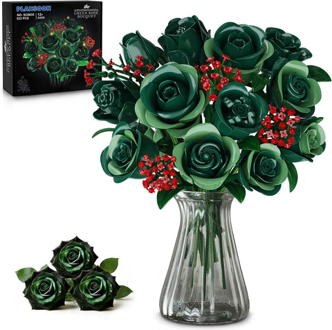 Green Rose Flower Bouquet Building Set with Lights