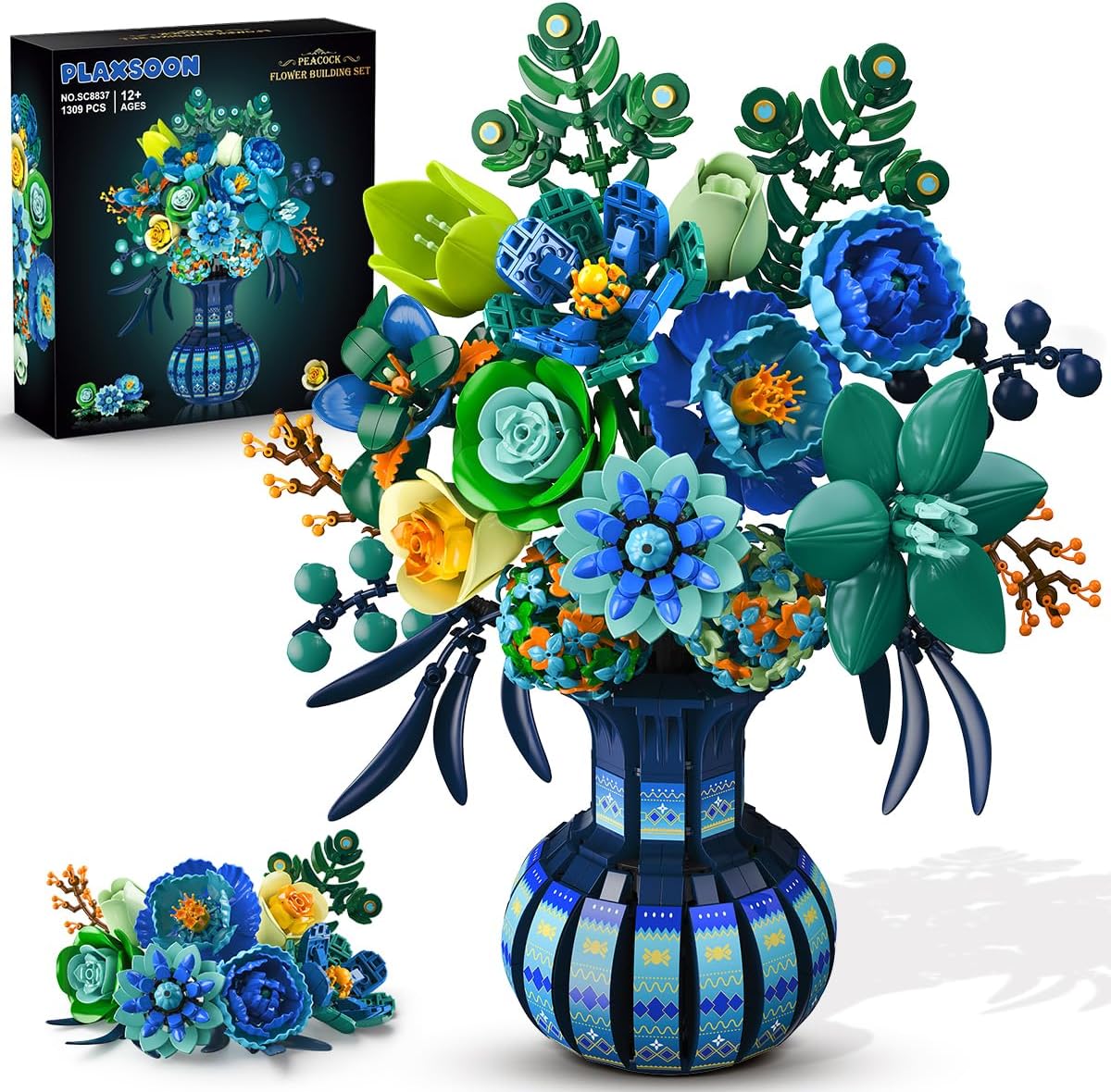 Blue & White Peacock Flower Building Set with Vase – Oriental Botanical Brick Bonsai