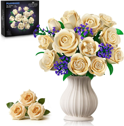 Champagne White Rose Bouquet Building Set with Lights