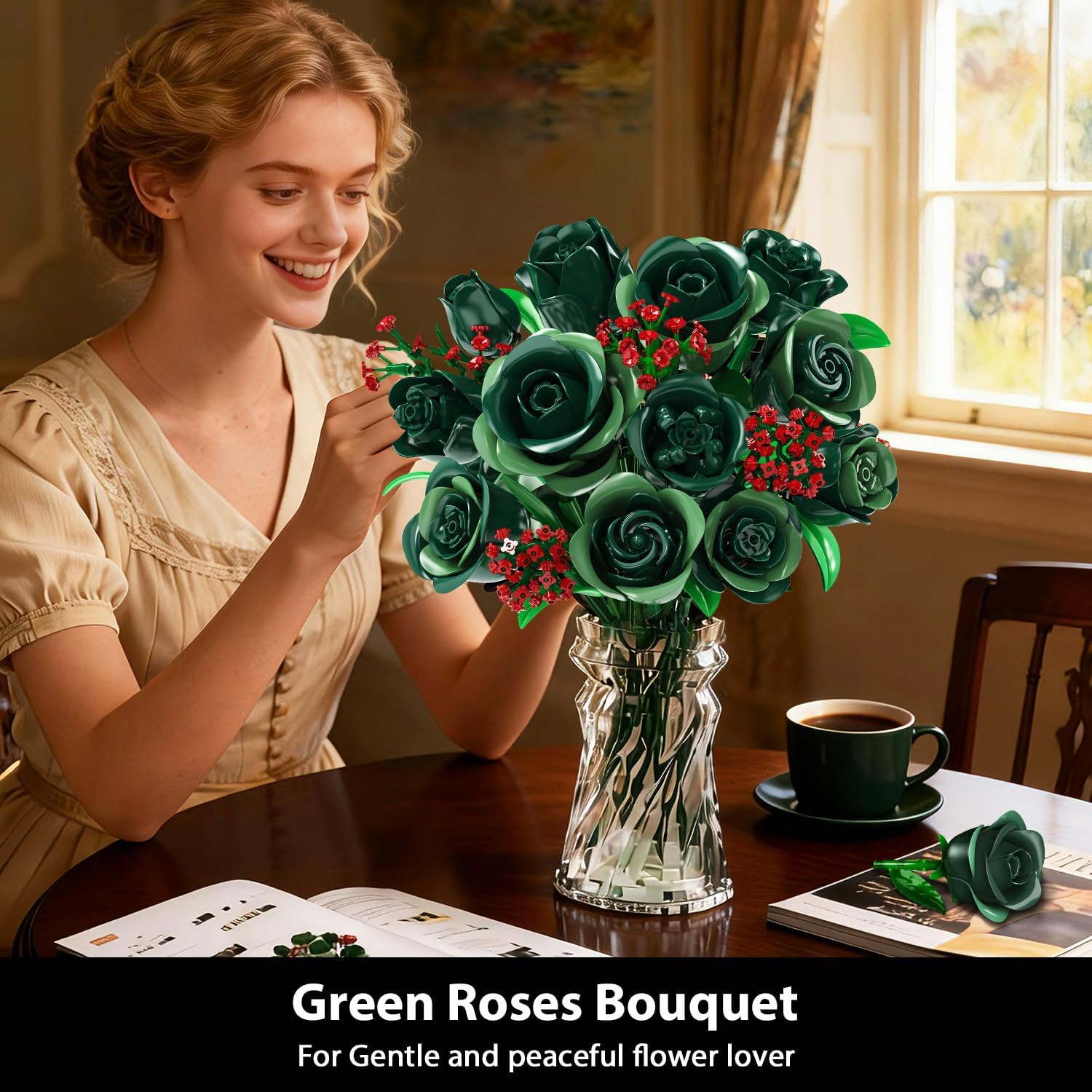 Green Rose Flower Bouquet Building Set with Lights