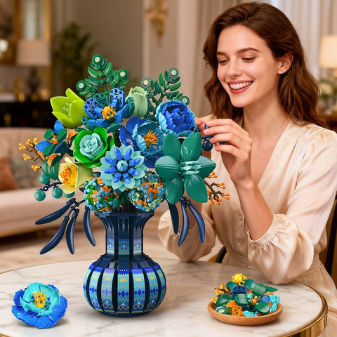 Blue & White Peacock Flower Building Set with Vase – Oriental Botanical Brick Bonsai