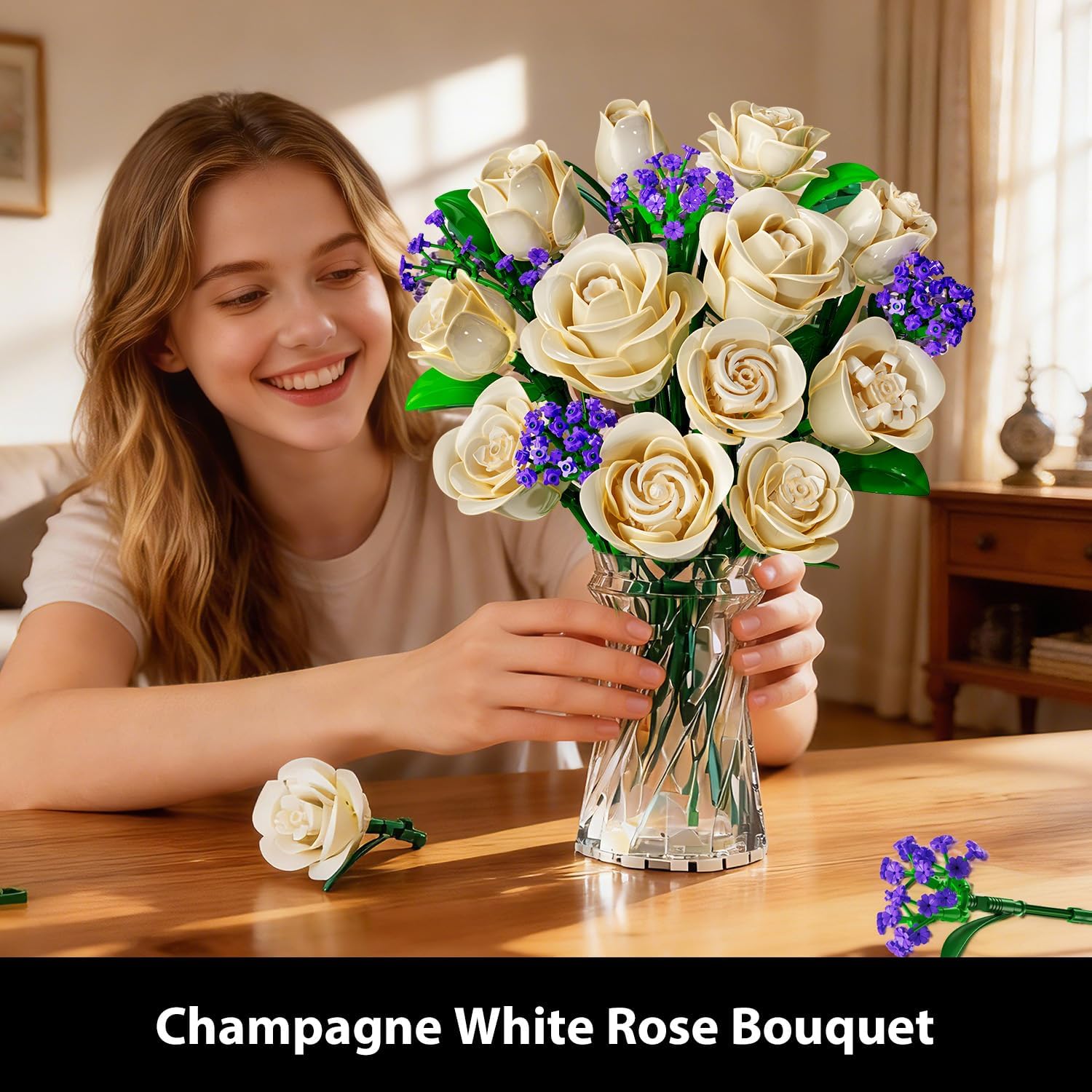Champagne White Rose Bouquet Building Set with Lights