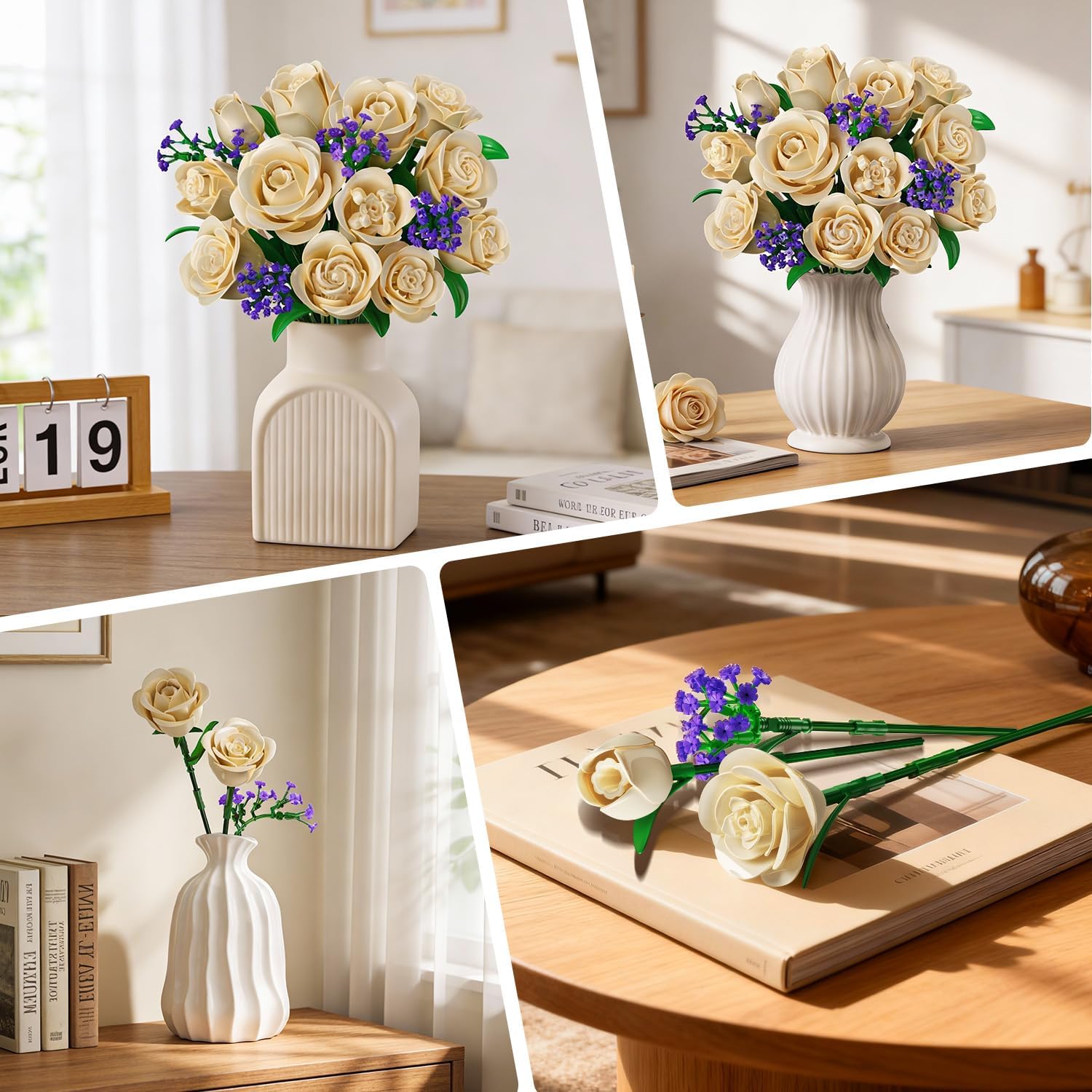 Champagne White Rose Bouquet Building Set with Lights