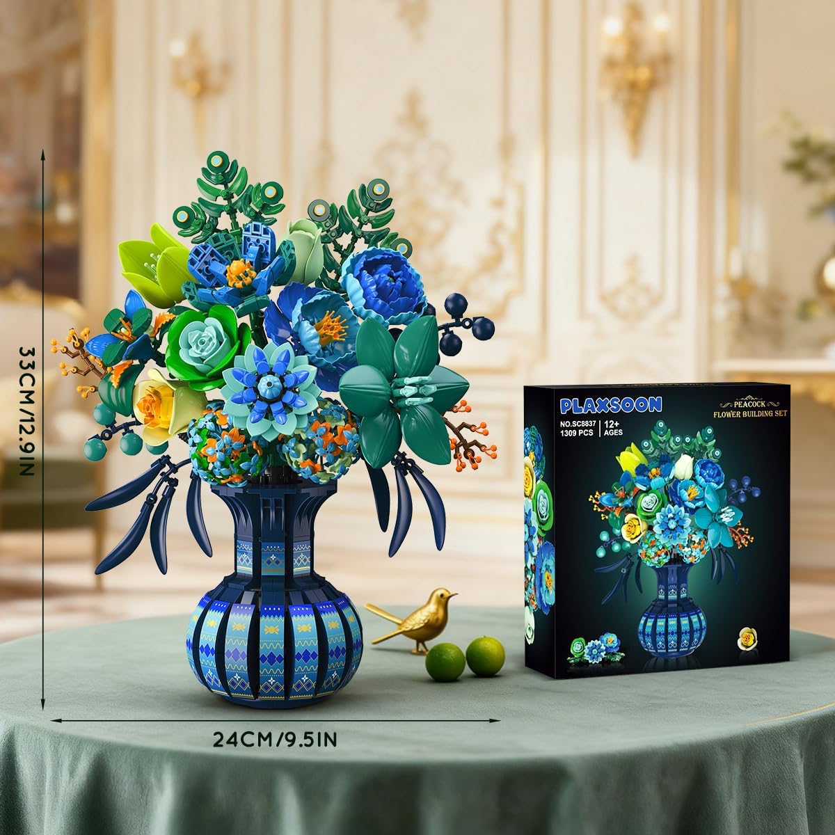 Blue & White Peacock Flower Building Set with Vase – Oriental Botanical Brick Bonsai