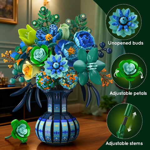 Blue & White Peacock Flower Building Set with Vase – Oriental Botanical Brick Bonsai