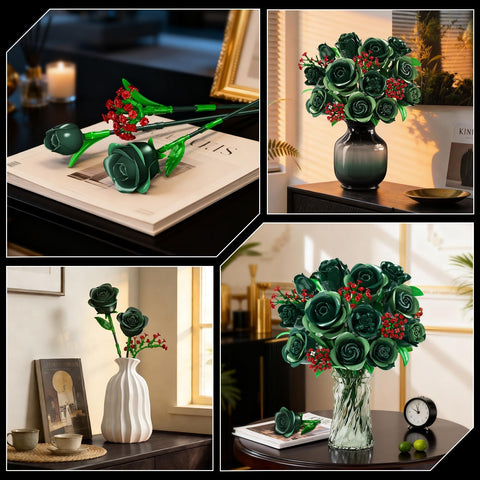 Green Rose Flower Bouquet Building Set with Lights