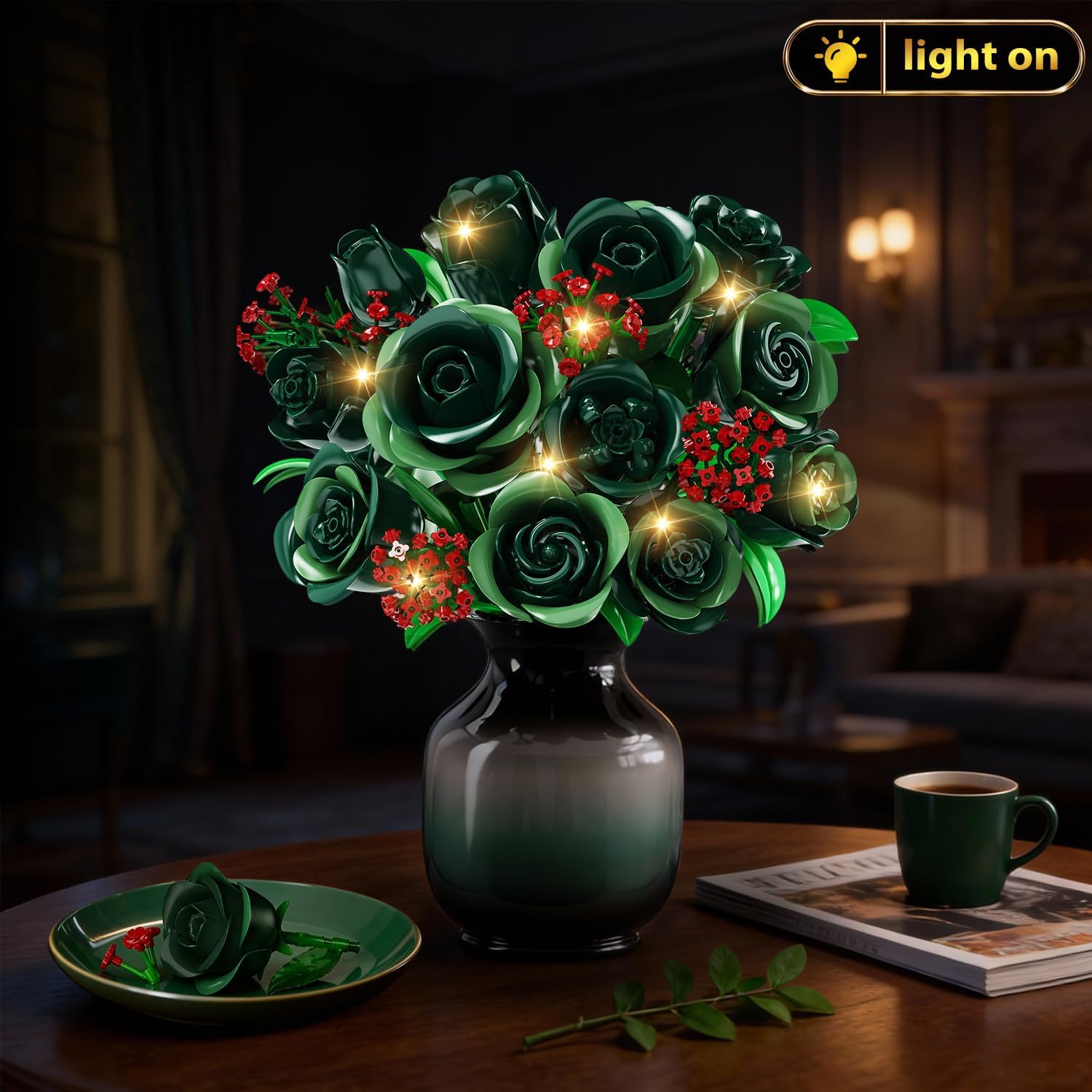 Green Rose Flower Bouquet Building Set with Lights