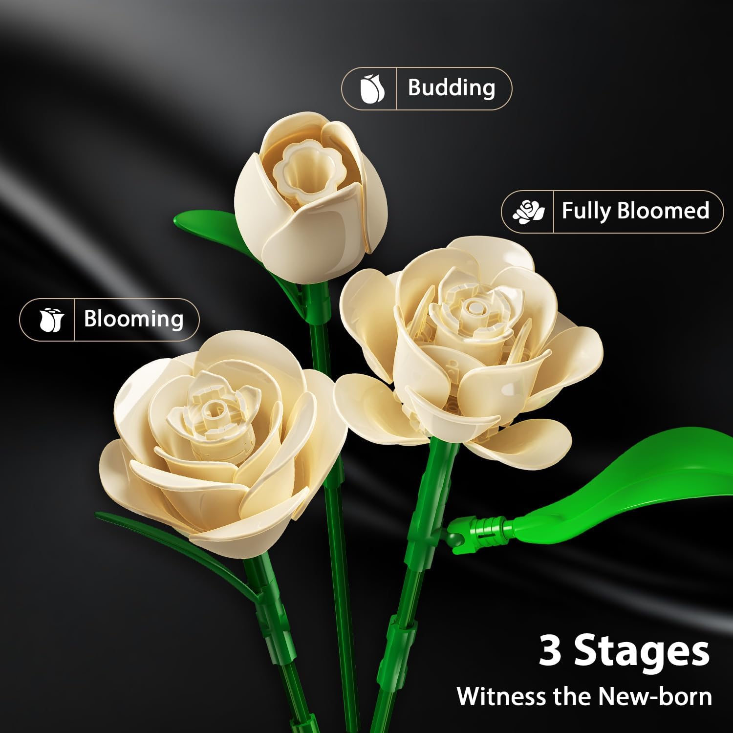 Champagne White Rose Bouquet Building Set with Lights