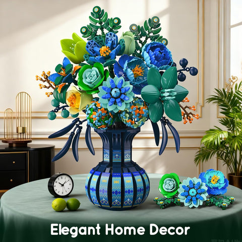 Blue & White Peacock Flower Building Set with Vase – Oriental Botanical Brick Bonsai