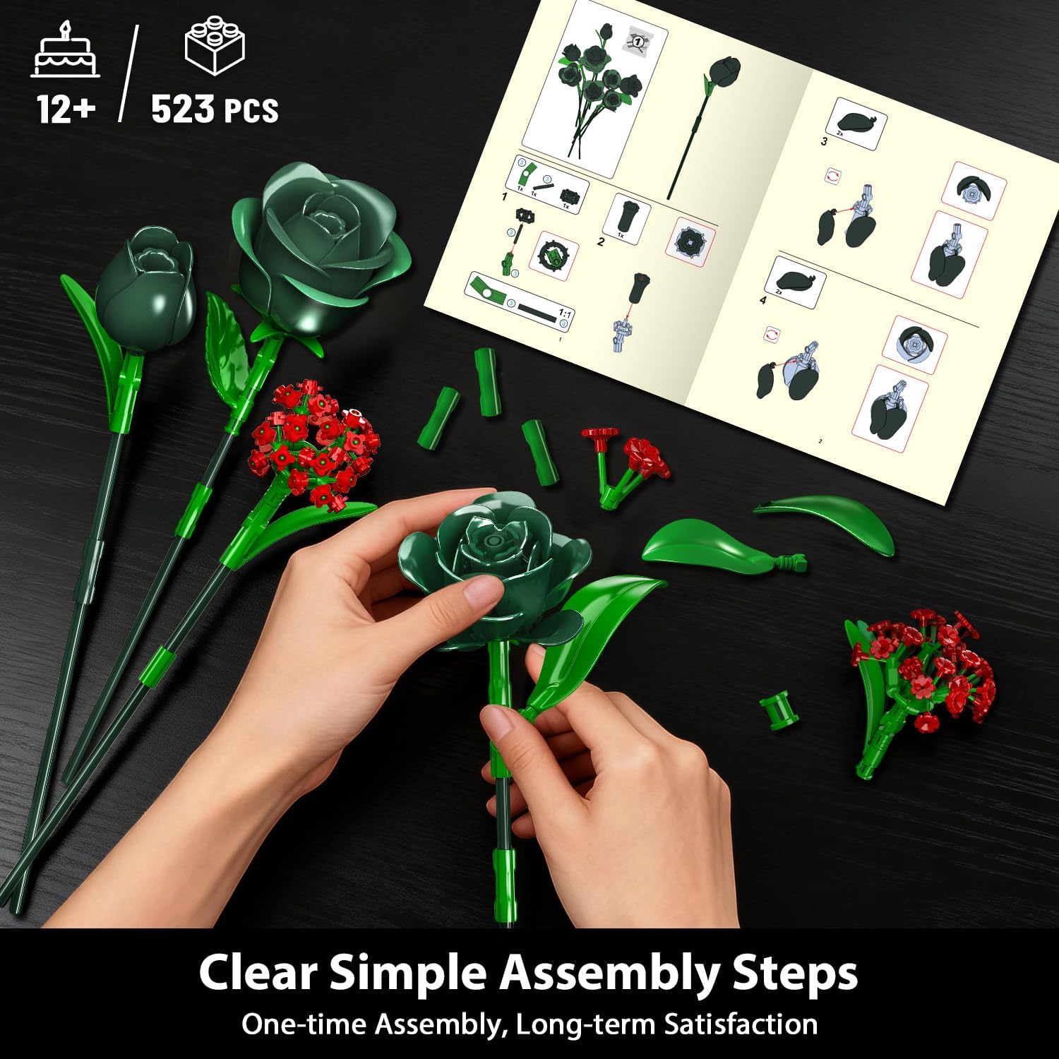 Green Rose Flower Bouquet Building Set with Lights