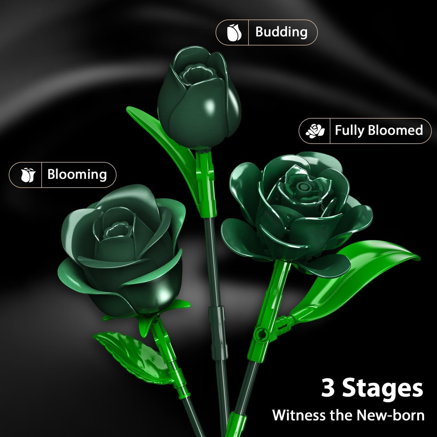 Green Rose Flower Bouquet Building Set with Lights
