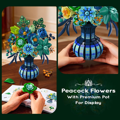 Blue & White Peacock Flower Building Set with Vase – Oriental Botanical Brick Bonsai