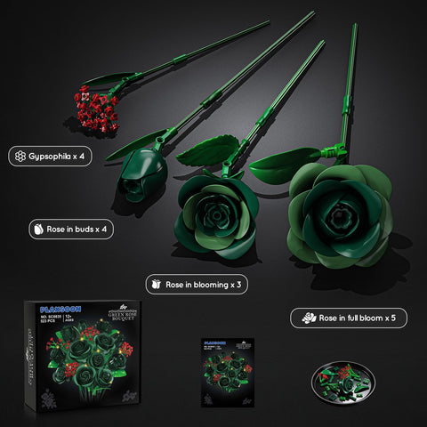 Green Rose Flower Bouquet Building Set with Lights