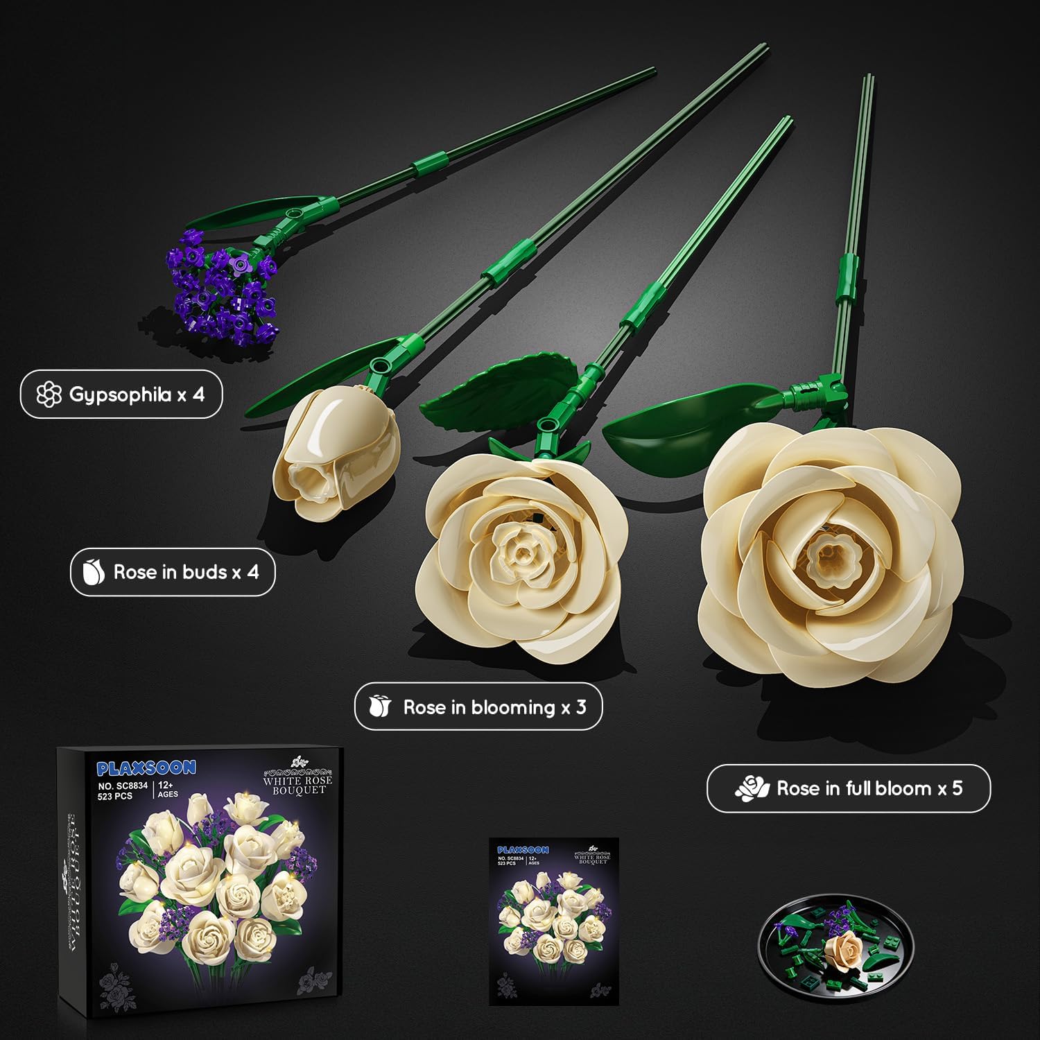 Champagne White Rose Bouquet Building Set with Lights