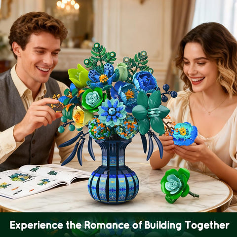 Blue & White Peacock Flower Building Set with Vase – Oriental Botanical Brick Bonsai