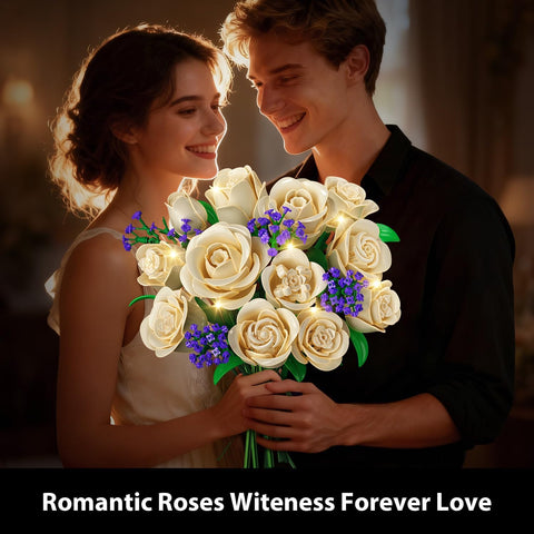 Champagne White Rose Bouquet Building Set with Lights