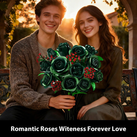 Green Rose Flower Bouquet Building Set with Lights