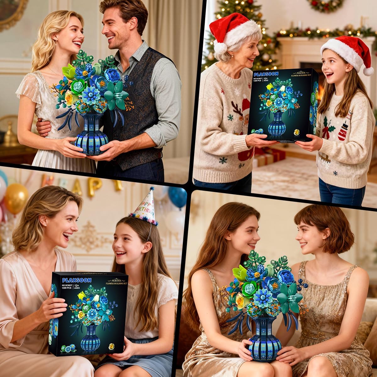 Blue & White Peacock Flower Building Set with Vase – Oriental Botanical Brick Bonsai