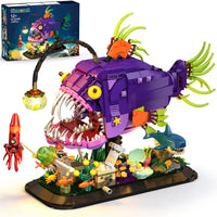 Mechanical Angler Fish Building Set with Lights, 1145PCS Deep Sea Ocean Animal Building Blocks Kit with Shark and Jellyfish, Home Decor Model Gift for Adults Teens 12+