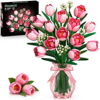 Pink Tulip Building Set, Buildable Tulip Bouquet Kit Without Vase, Artificial Flower Model for Home Decor
