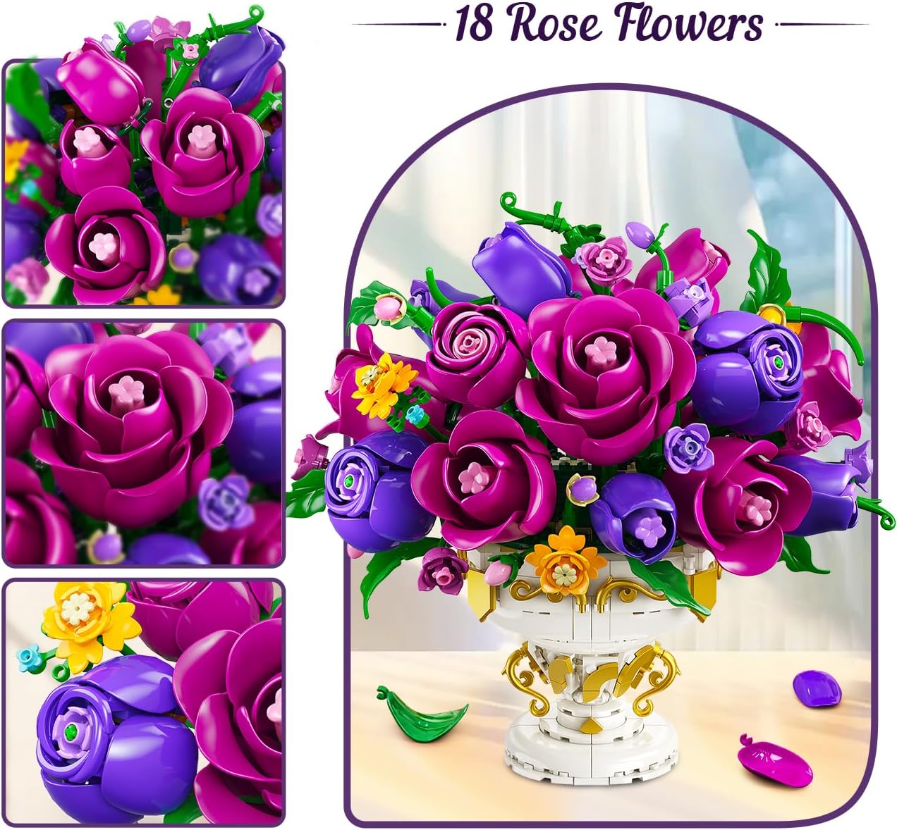 Purple Rose Flower Building Set with Vase