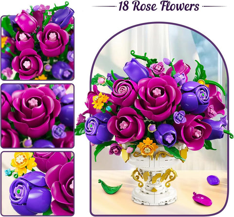 Purple Rose Flower Building Set with Vase