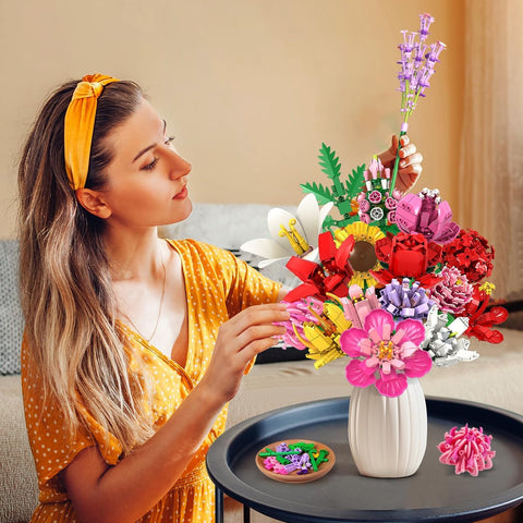 Flower Bouquet Building Set, 18 Flowers Rose Sunflower Home Plant Decor