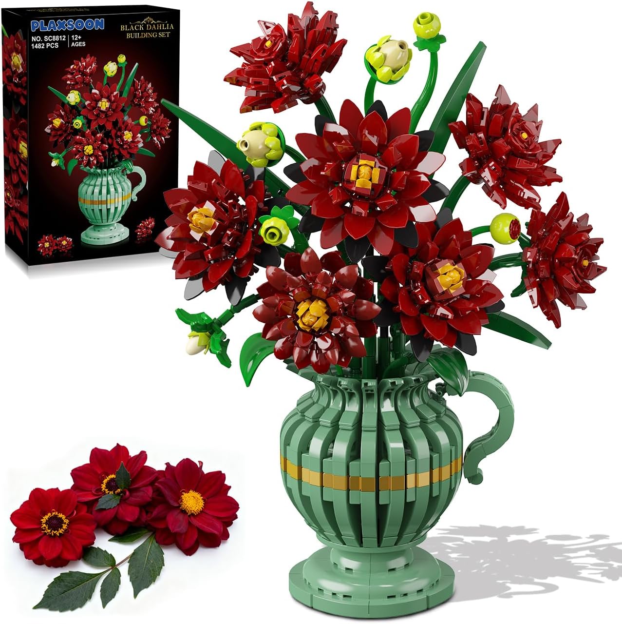 Black Dahlia Flowers Bonsai Building Set with Vase
