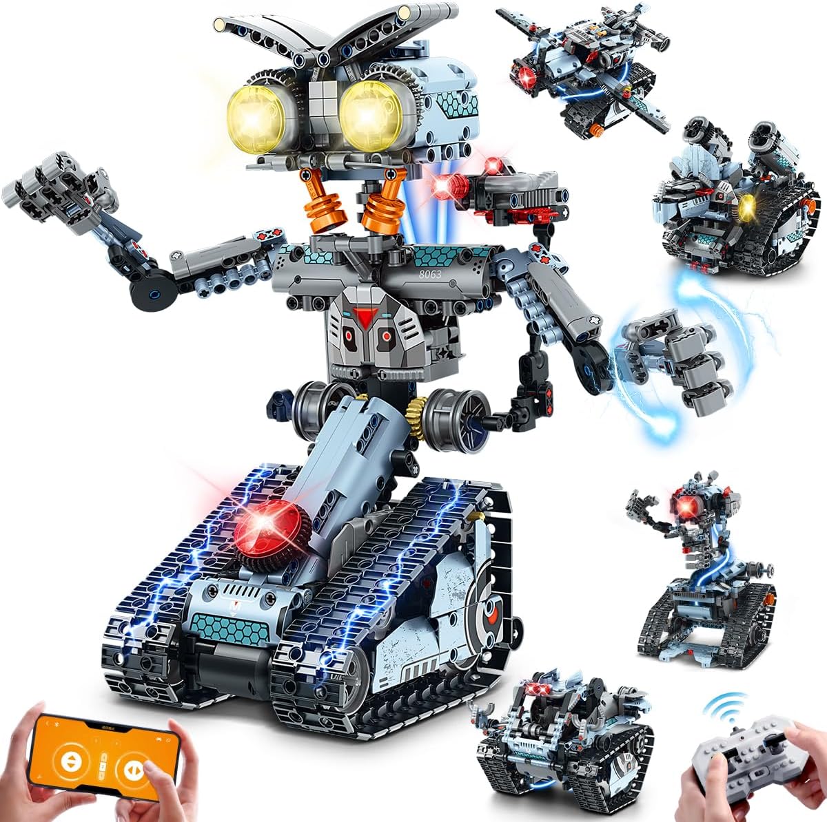5 in 1 Robotic Building Set with APP & Remote Control, RC Tech Tracked Tank Car Fighter Jet Model Kit 795 PCS
