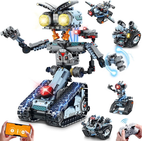 5 in 1 Robotic Building Set with APP & Remote Control, RC Tech Tracked Tank Car Fighter Jet Model Kit 795 PCS
