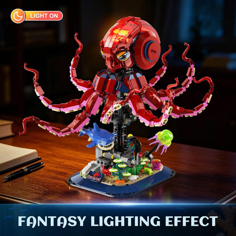 Mechanical Octopus Building Set with Lights,1033PCS Octopus Display Model with Shark Jellyfish
