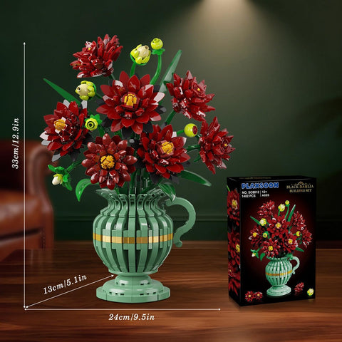 Black Dahlia Flowers Bonsai Building Set with Vase