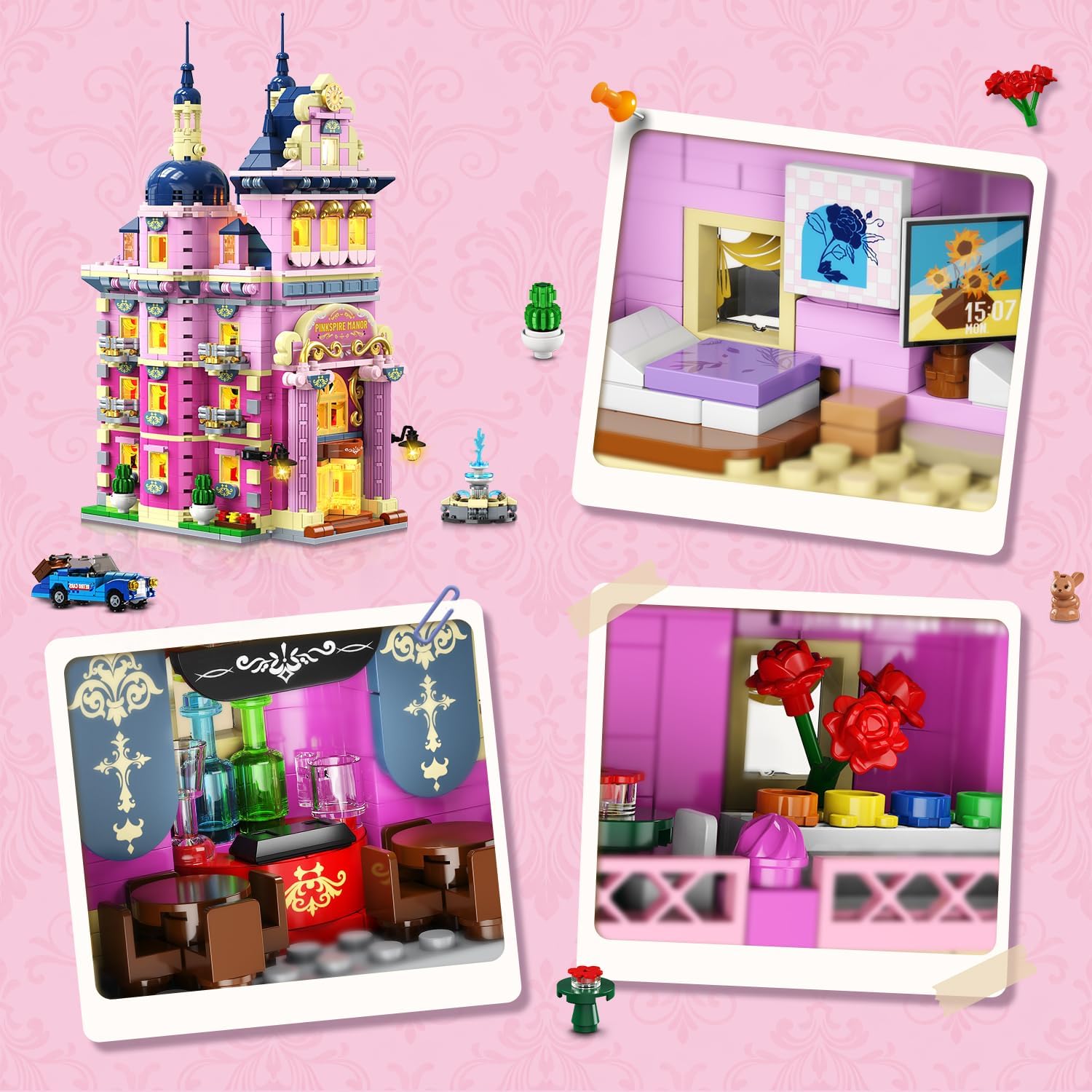 Pink Estate House Building Set with Lights