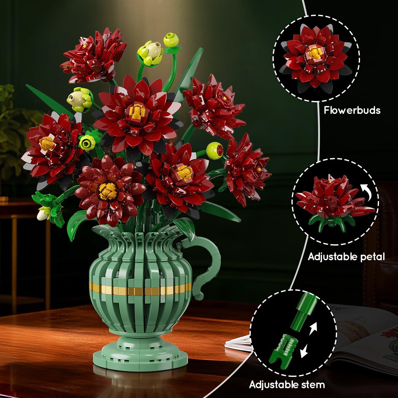 Black Dahlia Flowers Bonsai Building Set with Vase