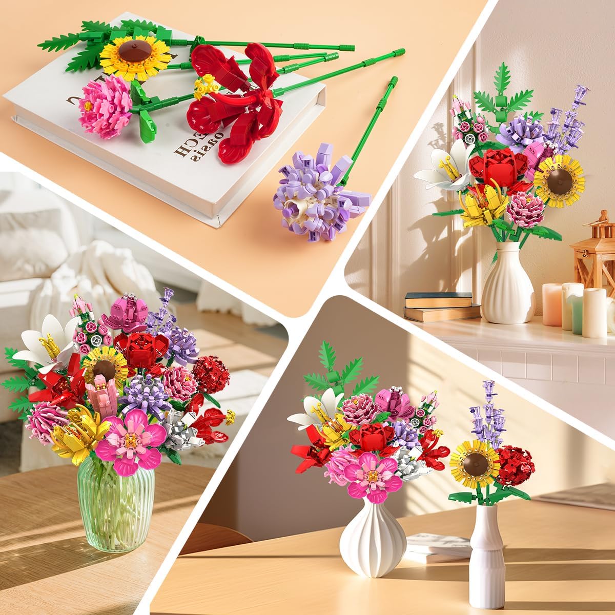 Flower Bouquet Building Set, 18 Flowers Rose Sunflower Home Plant Decor