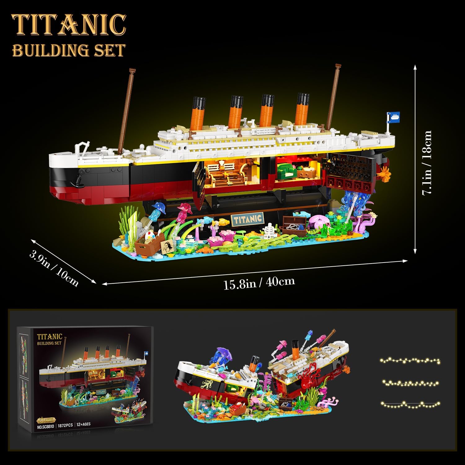 Titanic Building Set with LED Lights, 2 in 1 Seabed World Titanic Ship Mini Building Block Kit with Jellyfish Octopus