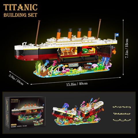 Titanic Building Set with LED Lights, 2 in 1 Seabed World Titanic Ship Mini Building Block Kit with Jellyfish Octopus