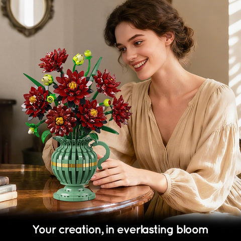 Black Dahlia Flowers Bonsai Building Set with Vase