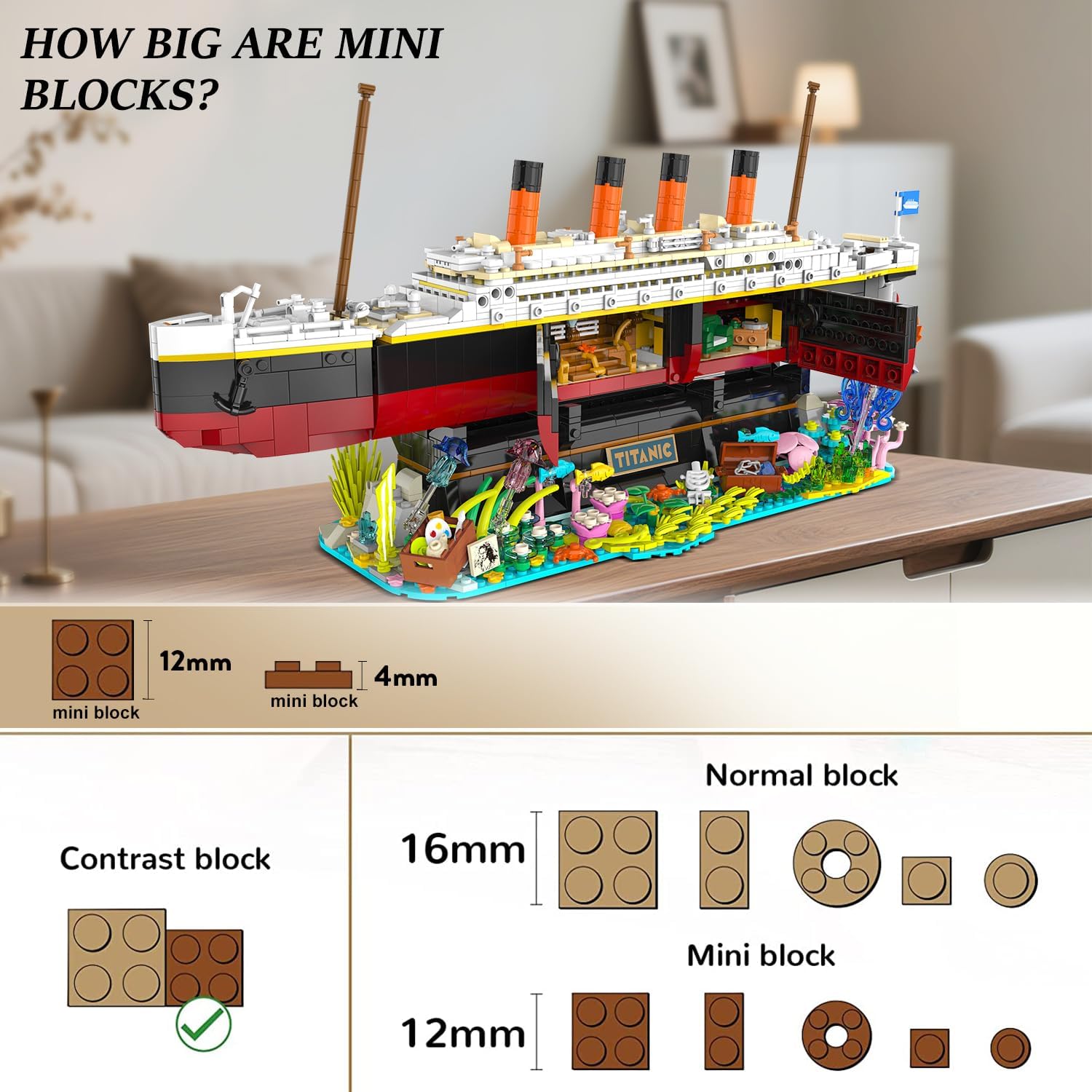 Titanic Building Set with LED Lights, 2 in 1 Seabed World Titanic Ship Mini Building Block Kit with Jellyfish Octopus