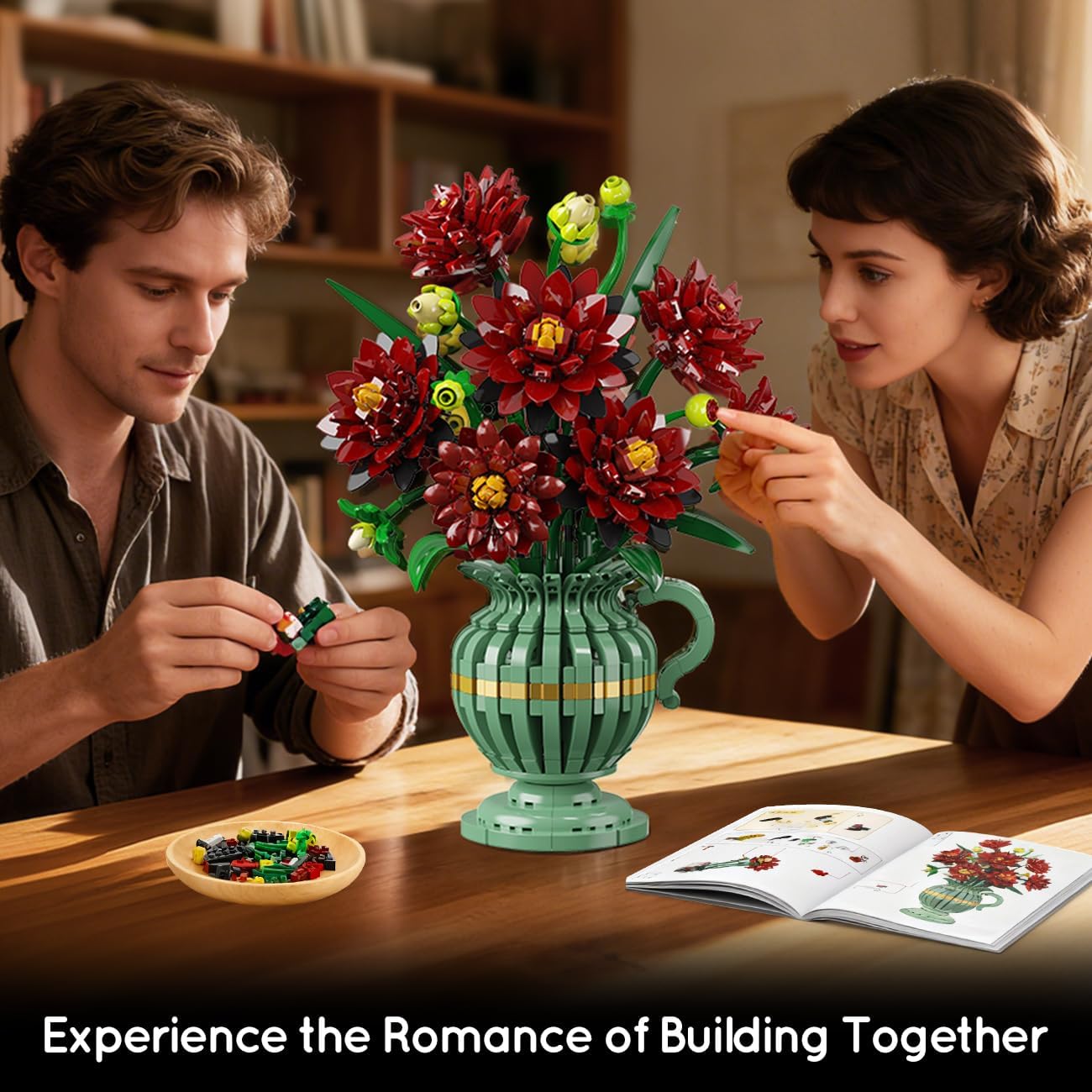 Black Dahlia Flowers Bonsai Building Set with Vase