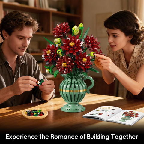 Black Dahlia Flowers Bonsai Building Set with Vase