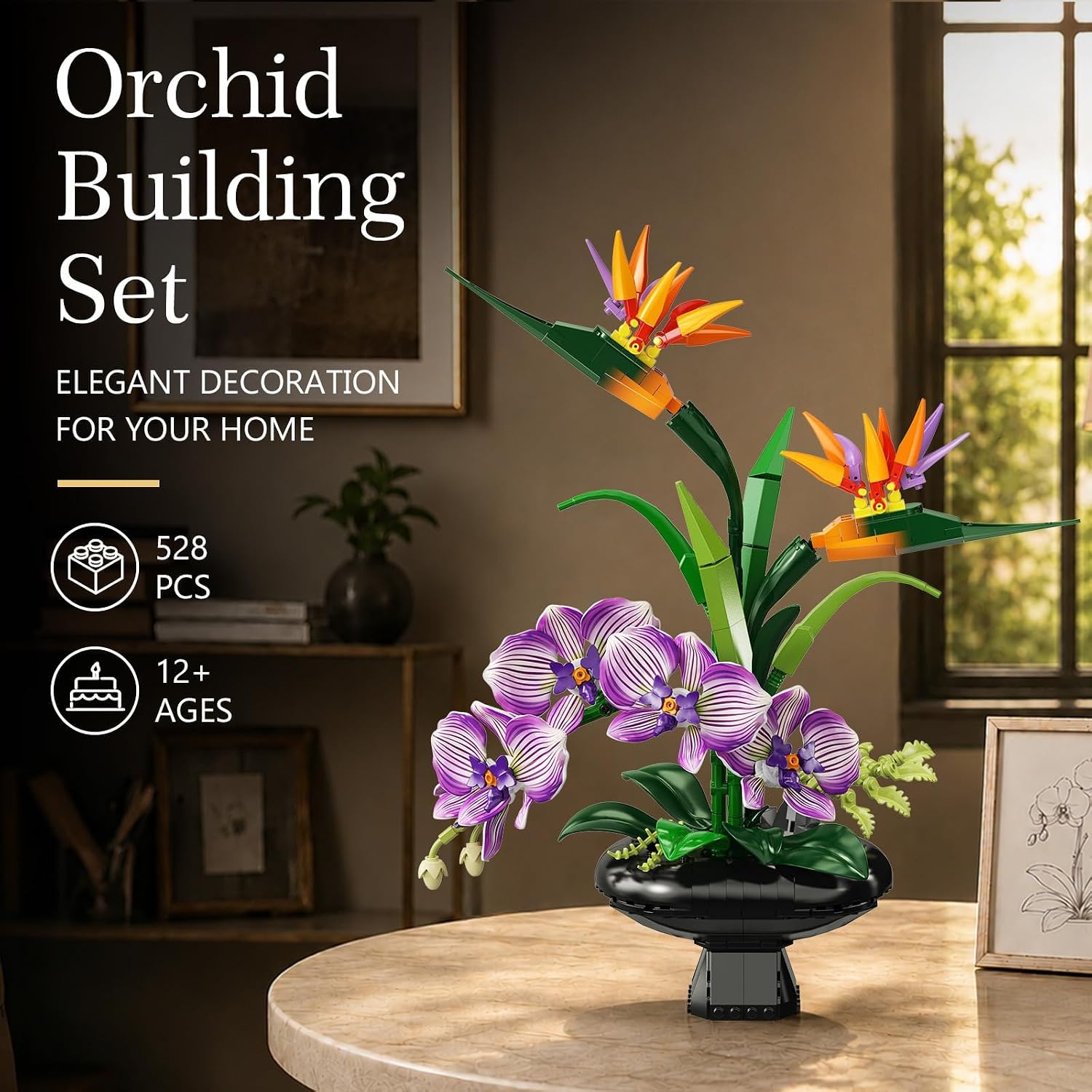 Orchid Flowers Building Set, Bird of Paradise & Orchid Botanical Collection with Vase