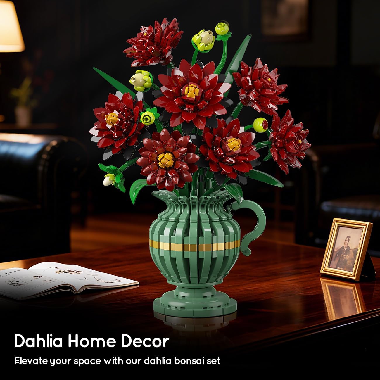 Black Dahlia Flowers Bonsai Building Set with Vase