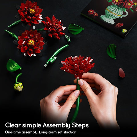 Black Dahlia Flowers Bonsai Building Set with Vase