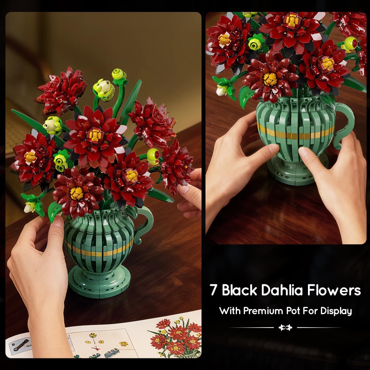 Black Dahlia Flowers Bonsai Building Set with Vase