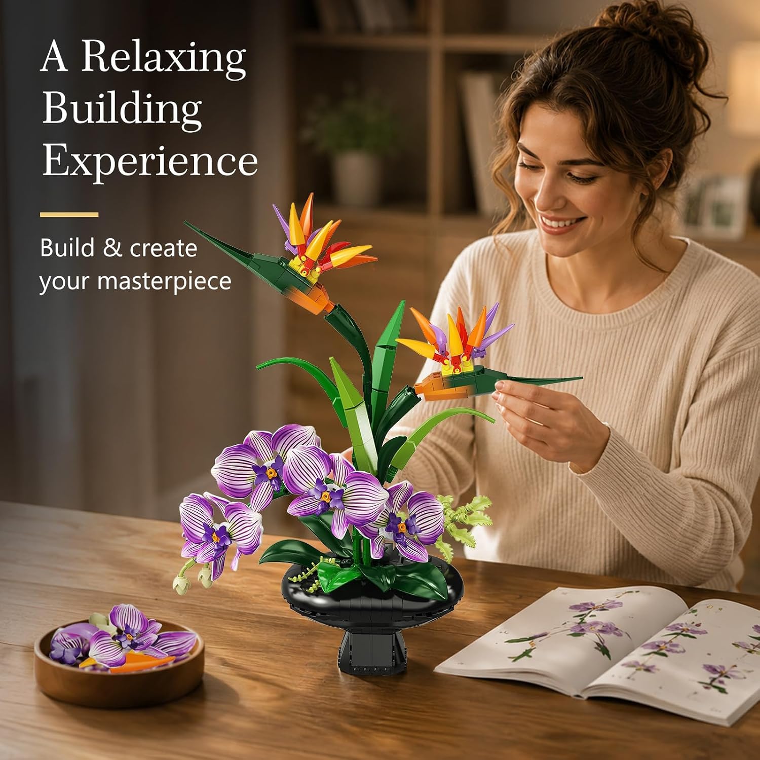 Orchid Flowers Building Set, Bird of Paradise & Orchid Botanical Collection with Vase
