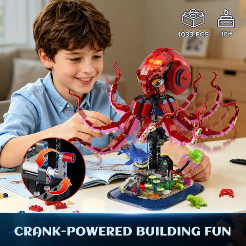 Mechanical Octopus Building Set with Lights,1033PCS Octopus Display Model with Shark Jellyfish