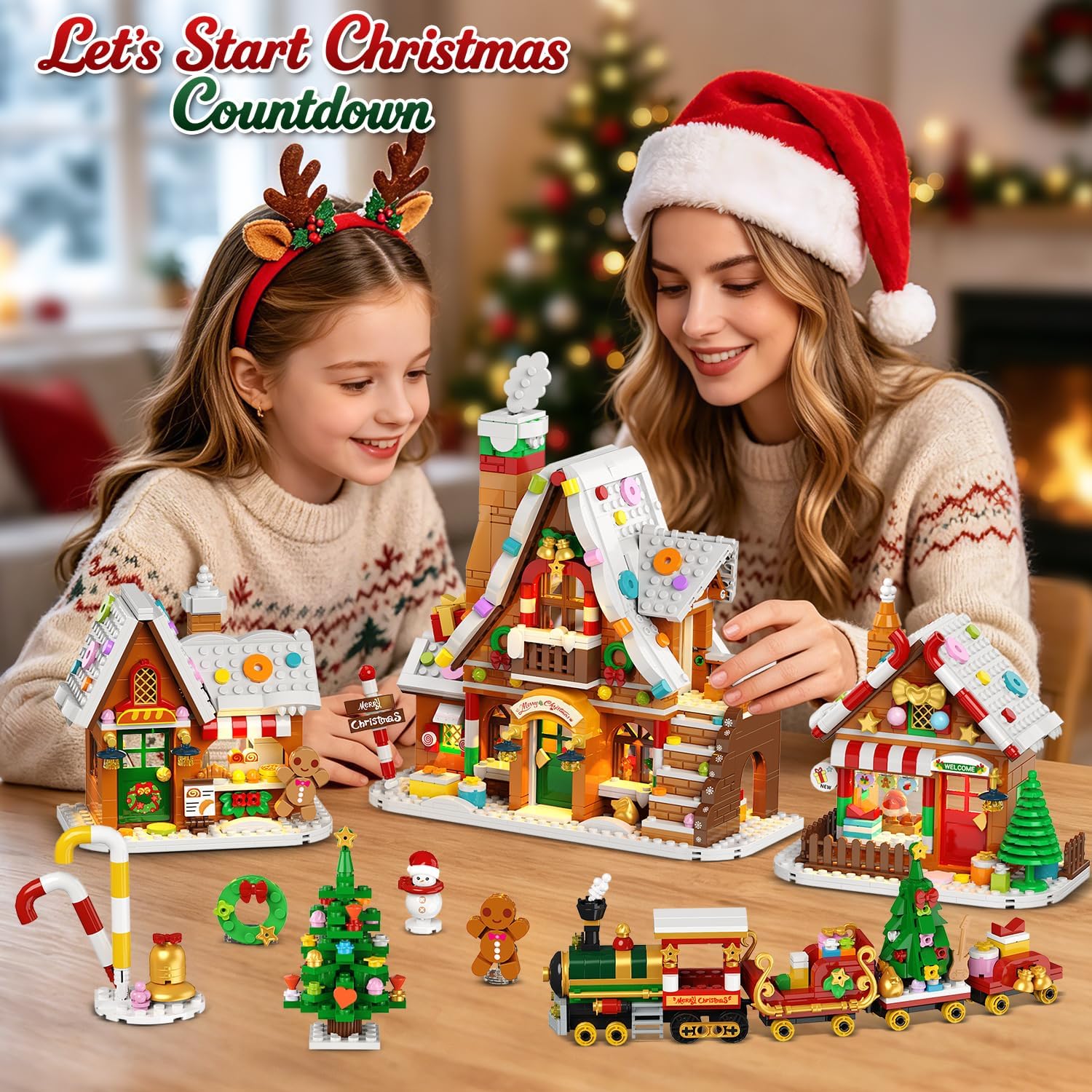 Advent Calendar 2026 Gingerbread House Mini Building Set with Lights, 24 Days Countdown Christmas Village Building Blocks with Xmas Tree Train