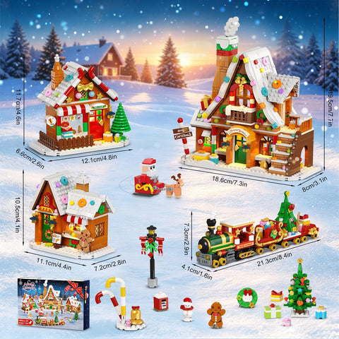Advent Calendar 2026 Gingerbread House Mini Building Set with Lights, 24 Days Countdown Christmas Village Building Blocks with Xmas Tree Train